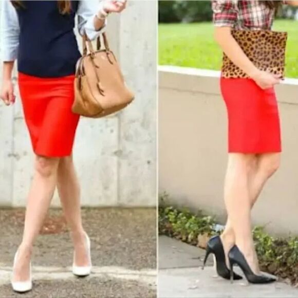 J. Crew Factory The Pencil Skirt Red Orange Cotton Skirt with Pockets Size 8 - Picture 5 of 16